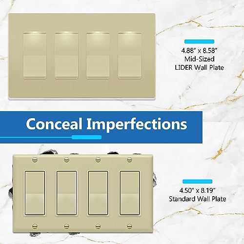 Image of LIDER Decorator Switch Cover, Screwless Wall Plate, Mid-Size 4-Gang 4.88 inch x 8.58 inch, LSWP-34M-I, UL Listed, Thermoplastic, Matte Ivory, 1-Pack
