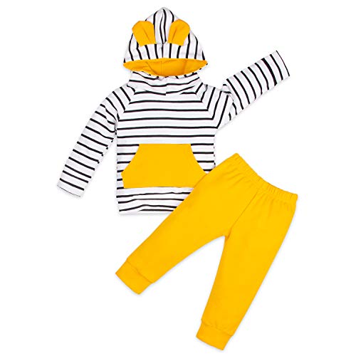 Toddler Infant Baby Boy Hoodie Outfit, Long Sleeve Sweatshirt Striped Top and Pants Boys Sweatsuit Clothes Set White