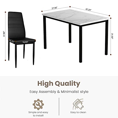 Recaceik Furniture 5 Piece Faux Dining Set, Modern Kitchen Table Marble Top and High Chairs for Breakfast Nook Small Spaces, White+Black*