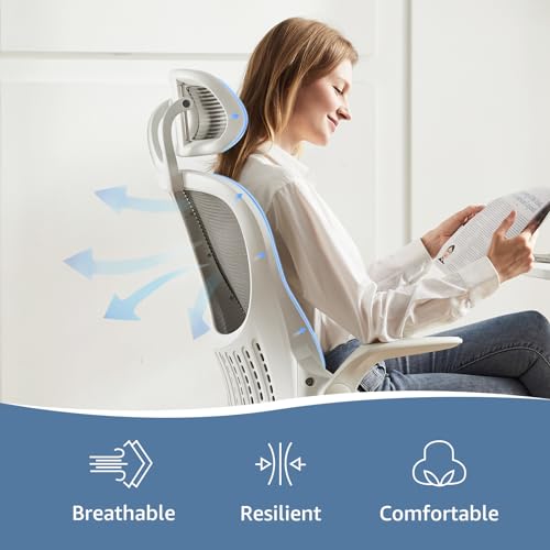 Image of DUMOS Ergonomic Office Chair - High Back Mesh Computer Chair with Lumbar Support, Headrest, Flip-up Arms, and Swivel Wheels - Comfortable Gaming & Desk Chair for Home Bedroom Office,Grey
