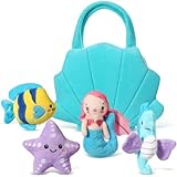 Syhood 5 Pieces Ocean Stuffed Animals Plush Set Include 1 Shell Carrying Bag Toy Set with Small Mermaid Seahorse Starfish Fish Sensory Toy for Boys and Girls Huggable Sleeping Holiday Birthday Gifts