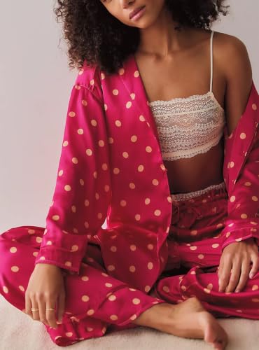 Image of Women Satin Pajama Sets Floral Silk Pajamas Pj Set | 2 Piece Lounge Sets, Button Down Long Sleeve Shirts and Wide Leg Pants Pjs Set, Christmas Holiday Valentine's Day Sleepwear