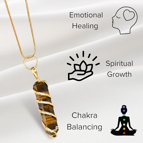 Amazing Gemstone Tiger Eye Crystal Necklace Pendant For Women, Gold Wire Wrapped Dainty Minimalist Healing Crystal Necklaces For Men Kids Unisex Necklace Jewelry With 20 Inches Adjustable Chain & Leather Cord2