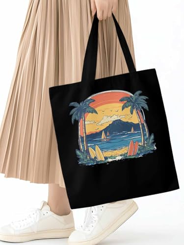 Canvas Tote Bag, Ocean Surf Sunset Mountain Coconut Tree patterned Canvas Tote Handbags for Women Shoulder Bag,2