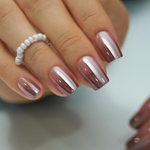 Image of CurvLife Press on Nails Medium Square Acrylic Fake Nails with Apricot Design Full Cover False Nails Glossy Nude Glue on Nails Artificial Stick on Nails for Women (Brown Pearl)