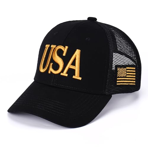 Image of USA Trucker Hat for Men & Women American Flag Cap Adjustable Baseball Cap Mesh Snap Patriotic 3D Embroidered Cap