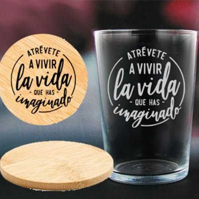 Vaso de sidra/cubata personalizado de 500ml grabado con frase y posibilidad de personalizar con nombre. Ideal para regalar en cualquier momento + posavasos grabado