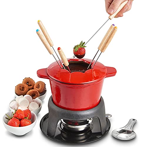 Juego De Ollas Para Fondue De Hierro Fundido, Crisol De Queso Y Chocolate Esmaltado Con 6 Tenedores Para Fondue Codificados Por Colores, Quemador De Fondue Y Base Para Olla De Fondue, 11 Piezas, Rojo