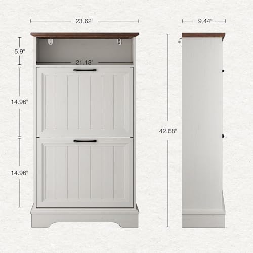 Image of 24 inch W Hidden Shoe Storage Cabinet with 2 Flip Drawers & Open Storage