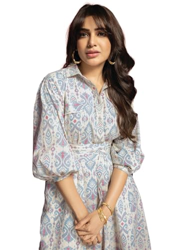 Image of SAAKI by Samantha Ruth Prabhu Ikat Printed Oversized Tie Up Dress |100% Cotton Light Blue Dress for Women, (Light Blue, Pack of 1)