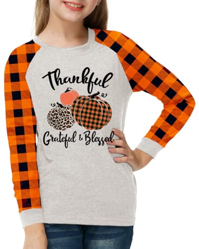 Remimi Girls Halloween Shirts Buffalo Plaid Raglan Tee Cute Holiday Party Long Sleeve Tshirt 5-14 Years