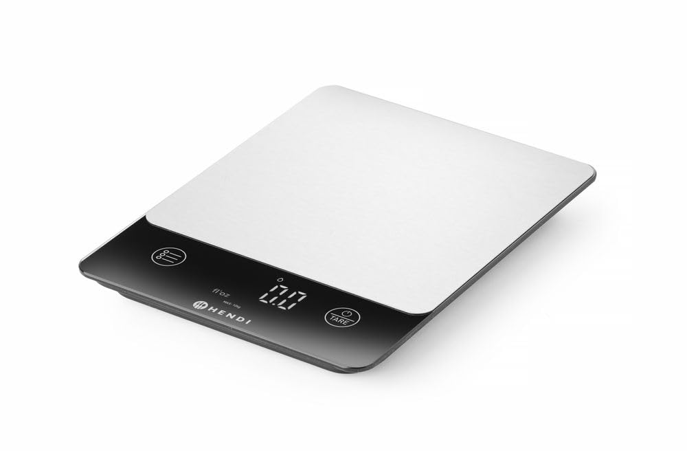 HENDI Balance de cuisine numérique, écran digital LED et tactile, max. 10 kg, rechargeable et IP67 résistant à l'eau et à la poussière, 160x210x(h)19 mm, ABS, acier inoxydable