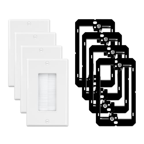 Iwillink 4-Pack Brush Wall Plate with Low Voltage Mounting Bracket Cable Pass Through Insert for Wires Single Gang Cable Access Strap Wall Socket for HDTV Home Theater Systems White