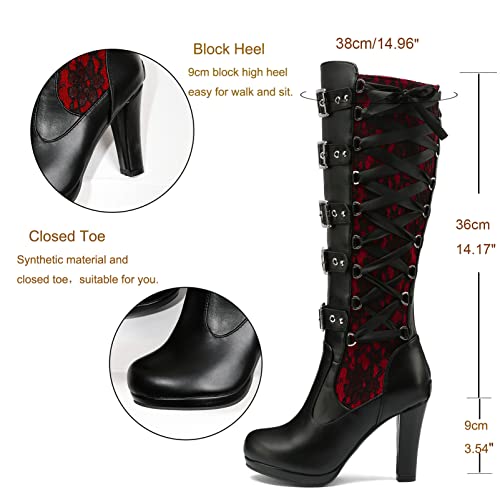 KysBloes Women Lace Goth Knee High Boots Buckle Block Heel Lace Up Knee Length Boots Punk Platform Tall Boots2