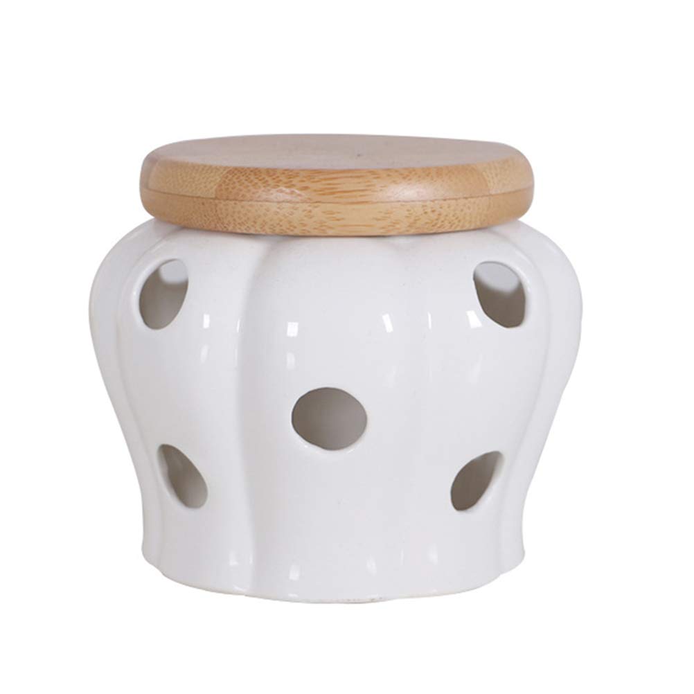 BESTonZON Garlic Keeper for Countertop, White Ceramic Storage Container with Bamboo Lid, Ventilated Jar for Fresh Bulbs, Ginger Onion Holder for Kitchen Pantry Organisation Pot