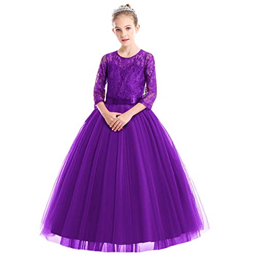 IMEKIS Vestido floral para niña, de encaje, bordado, tul, vestido de fiesta, boda, festivo, vestido de noche, princesa, cumpleaños, desfile de manga larga, vestido maxi elegante, vestido de cóctel,