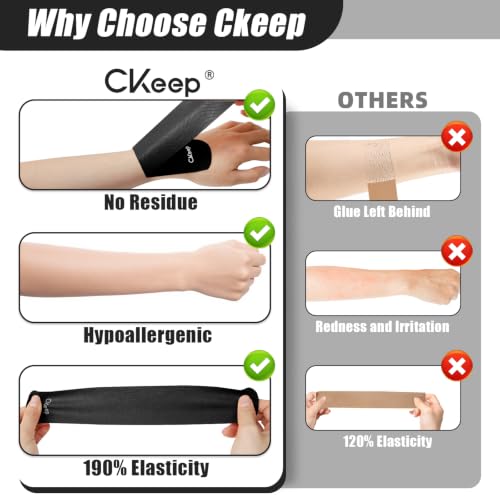 Image of CKeep Kinesiology Tape, Original Cotton Elastic Precut Strips 4 Rolls, Black | Latex Free High Adhesion Athletic Tape, Waterproof & Breathable Sports Tape for Muscle Support & Injury Prevention 80 Count