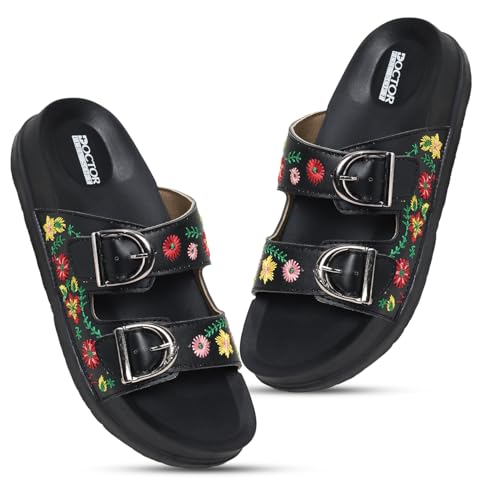 Image of Women Floral Double Strap Buckle Slides | Embroidered Casual Slip-On Sandals for Girls | Lightweight Anti-Slip Comfortable Everyday Wear Flats