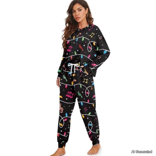 Image of Womens Lounge Set Long Sleeve Soft Pajama Sets | Casual 2 Piece Pj Outfit, Crewneck Sleepwear with Pockets, Adjustable Drawstring, Soft Comfy Fall Pajamas, Plus Size