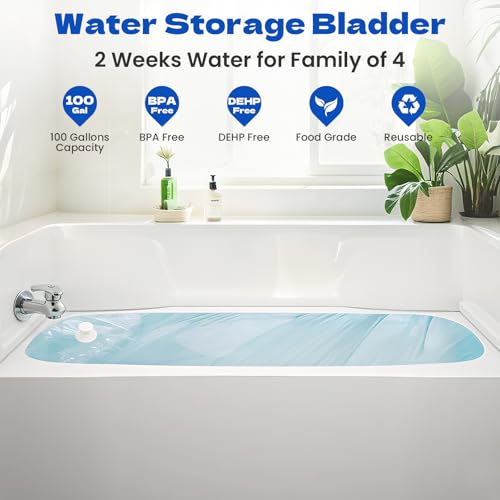 Water Storage Bladder - 100 Gallon Emergency Bathtub Drinking Water Container for Hurricane & Disaster Survival, BPA-Free Food Grade Safe, for Family Preparedness, Camping, Gardening