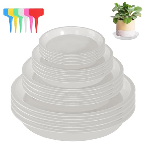 16 Pièces Coupelle Pot de Fleur Soucoupe Pot Fleur Plastique Soucoupes Pots de Fleurs avec 18 Étiquettes Sous Pot de Fleur Rond Dessous de Verre pour Plantes D'intérieur et D'extérieur (Blanc)