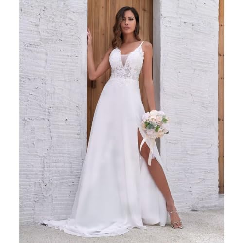 Chiffon Wedding Dresses for Bride Lace Appliques V Neck Long Beach Spaghetti Straps Simple Bridal Gown with Slit4