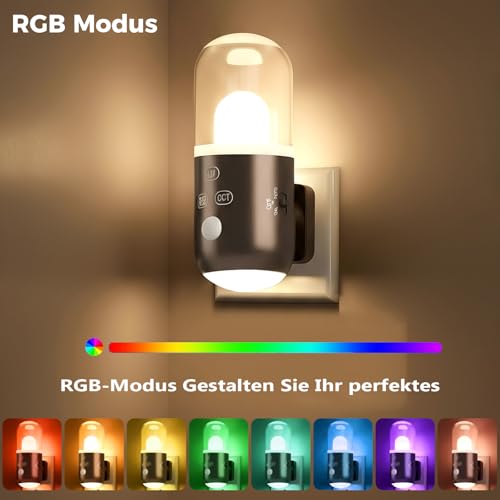 SuglanBee Nachtlicht Steckdose mit Bewegungsmelder & Dämmerungssensor,3 Farbtemperaturen，RGB 8 Modi,5 Helligkeitsstufen (20-240 LM) für Flur Treppe Schlafzimmer Wohnzimmer (Weiß 2 Stück)