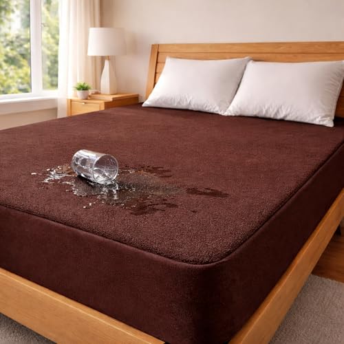Image of Mattress Protector King Size, Terry Cotton Waterproof Bed Protector King Size, 78x72x8 Inch, Breathable Noiseless Ultra Soft, Elastic Fitted Mattress Cover | Bed Cover (Coffee)