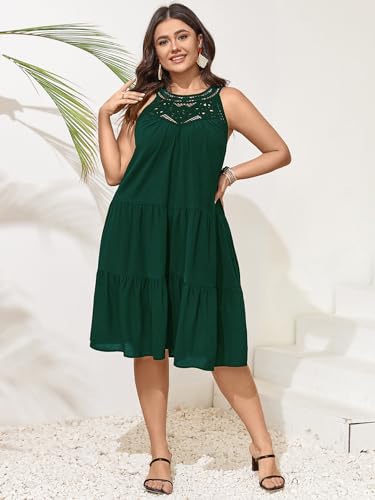Image of SCOMCHIC Womens Plus Size Summer Hollow Out Halter Dresses Sleeveless A Line Tiered Swing Sundress Beach Vacation Mini Dress