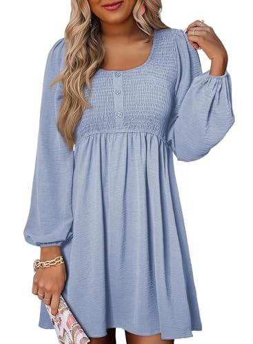 Image of Dokotoo Womens Fall Dresses 2026 Casual Smocked Crewneck Button Up Long Sleeve Empire Waist A-Line Mini Dress