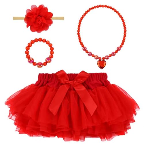 Dizila Baby Girl Multilayered Fluffy Tutu Skirt with Diaper Cover Tutu Dress with Nylon Flower Headband for Newborns Infants Toddlers (US Age 3 Months 6 Months Red)