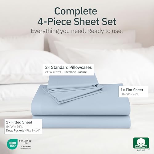 Image of Super Soft 100% Cotton Full Bed Sheets Set, 4 Pc Set, Sky Blue | Lightweight & Breathable For Hot Sleepers, 14 inch Deep Pocket, All-Around Elastic, Durable, Easy Care, OekoTex Certified