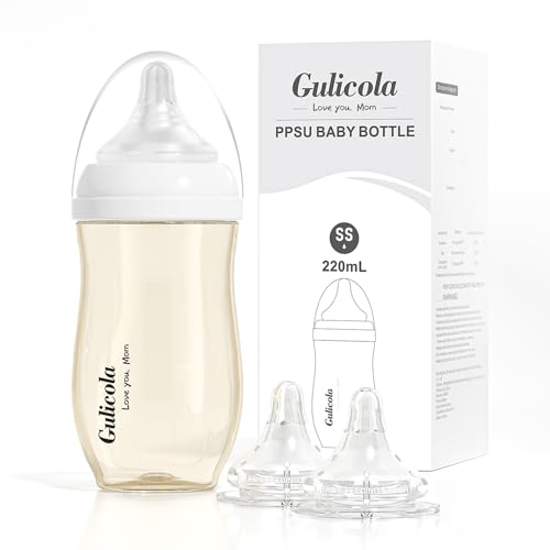 Image of Gulicola Newborn Breastfeeding Baby Bottle with Extra Slow Flow Nipples, 0 Months+, Anti Colic, BPA Free PPSU, 7 oz - Clear
