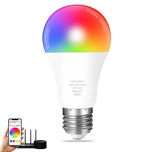 Smart WiFi LED Bulb, Alexa Light Bulbs E27, 10W Colour Changing Light Bulb, 1050LM, APP Control, Compatible With Alexa/Google Home, RGB+CCT, Dimmable, 2700K-6500K, No Hub Required, 1 Pack(2.4GHz Only)