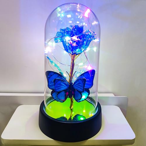 JUNQIU Mothers Day Rose Gifts for Mom, Glass Rose in Glass Dome, Light Up Flower, Galaxy Roses, Birthday Gifts for Women, Blue Butterfly Flowers Gift for Mom,Sister,Her,Grandma,Wife