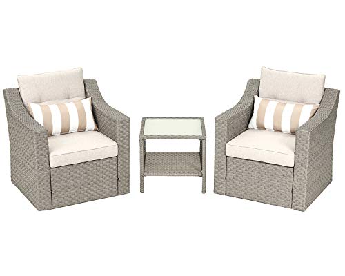 Solaura 3-Piece Outdoor Furniture Set All-Weather Grey Wicker Bistro Set Patio Chairs With Glass-Top Coffee Side Table&Seat Cushions For Garden,Yard, Lounge, Front Porch, Deck, Lawns, Poolside #TOP11