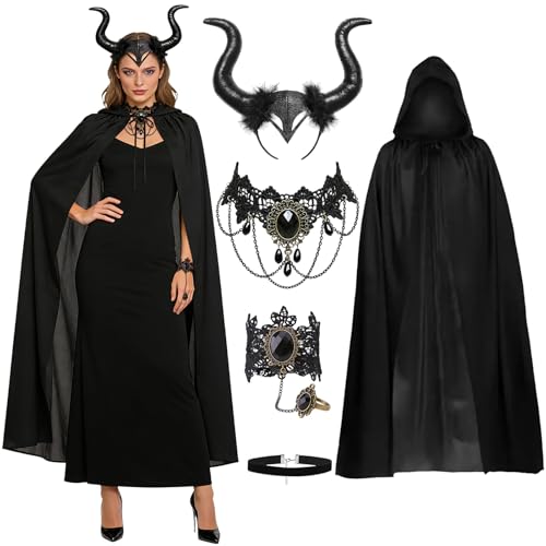 Bild: Moiuguli Maleficent Kost�m Damen,5 St�ck Maleficent H�rner 180cm Teufel Umhang mit Kapuze Halskette Schl�sselbeinkette Armband Kost�m f�r Damen Karneval Halloween Cosplay Party Maskerade Erwachsene f�r 22,99 EUR bei amazon.de