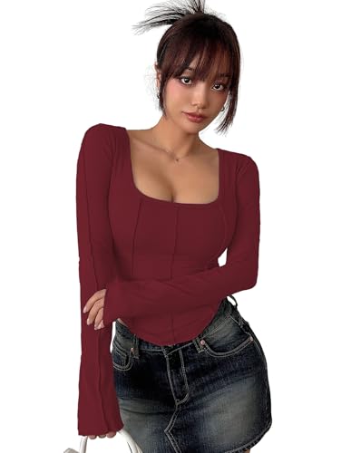 Image of Sugathari Women's Black Solid Long Sleeve Wrap-Style Square Split Crew Neck Bodycon Women T-Shirt Spring and Summer Top, Minimalist and Fashionable for Everyday Casual Wear Tops (T-Shirt 181)