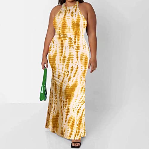 Women's Plus Size Sleeveless Racerback Floral Print Maxi Dress Casual Long Dresses Yellow White 1X #TOP2