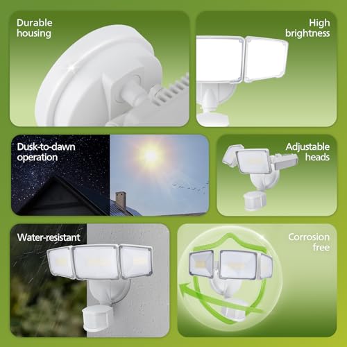 Philips 72W 7400LM LED Security Lights w/PIR Motion Sensor Outdoor, 5000K Daylight Dusk to Dawn Aluminum Flood Light, 3 Adjustable Heads, Waterproof for Garage, Yard, Porch - Image 3