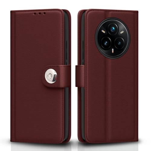 Image of Pikkme Flip Cover for Realme 14 Pro Plus 5G Leather Finish | Inside TPU with Card Pockets | Wallet Stand and Shock Proof | Complete Protection Button Flip Case(Brown)