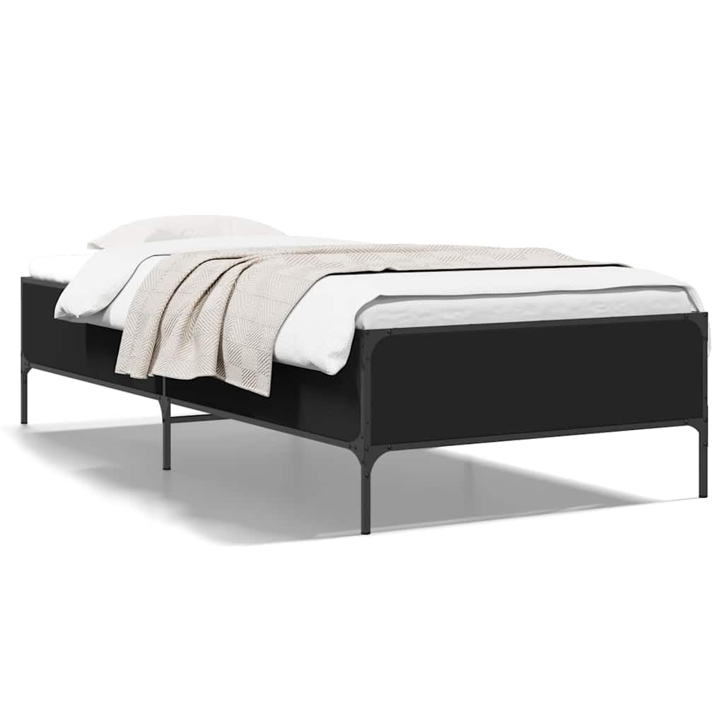 Drewnopochodny z metalowymi nogami stabilna rama 90x200 cm czarny | Rama łóżka 90x200 czarna z drewnopochodnego materiału i metalu, stabilna stelaż pod materac z listwami ze sklejki, wzmocnione