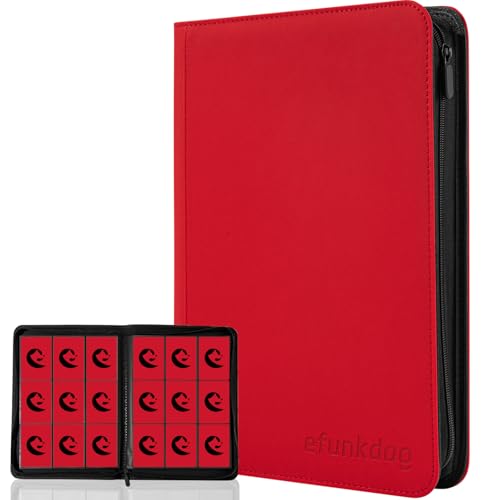 efunkdog Trading Card Binder, 9 Pockets Card Album Folder, 360 Side Loading Pocket PU Cover with Zipper Binder for TCG, Sport Cards (Red)