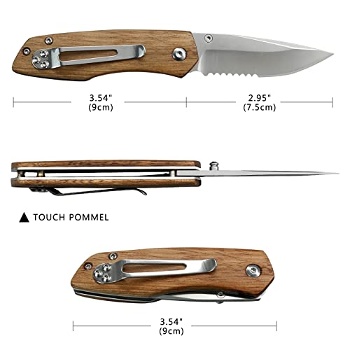 Kitory Pocket Knife With Clip, Edc Knife Half-Serrated Liner Lock Knife, Folding Knife For Camping Outdoor 8Cr13Mov Stainless Steel Zebra Wood Handle #TOP1