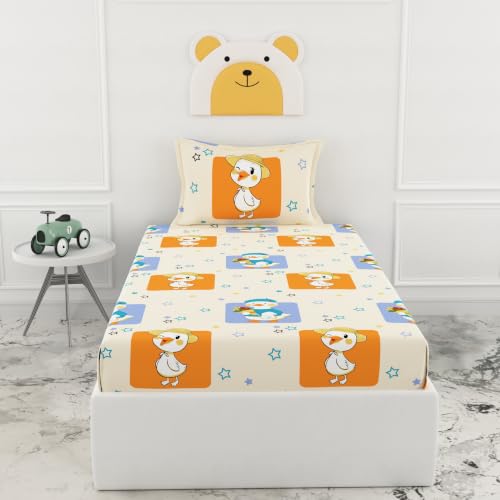 Image of LORETO - A QUALITY LINEN BRAND 186 TC 100% Pure Cotton Single Fitted Bedsheet with 1 Pillow Cover for 78 x 36 Inch Mattress, All-Around Elastic, 8 Inch Deep Pocket, Playful Ducks