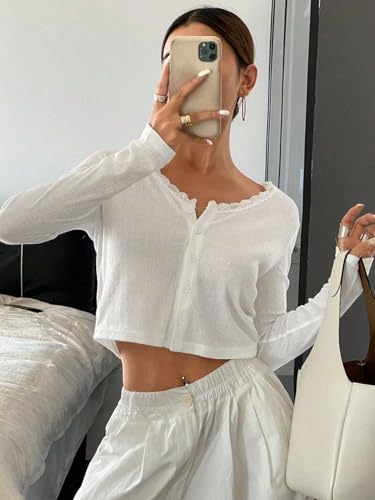 Image of Cioatin Women V Neck Lace Trim Button Down Open Front Pointelle Crop Cardigan Long Sleeve Clean Fit Y2K Minimalist Shirt Tops