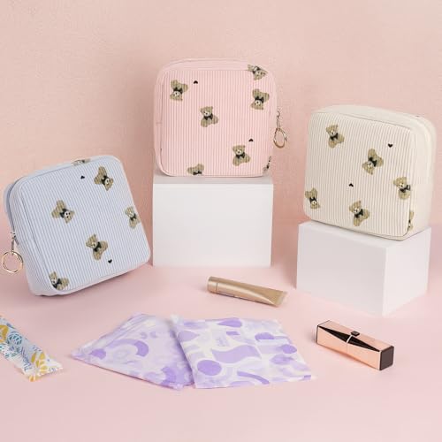 Image of Cute Period Bag for Teen Girls, Bears Corduroy Sanitary Napkin Storage Bag, Menstrual Pad Pouch Tampon Holder for Purse (Khaki)
