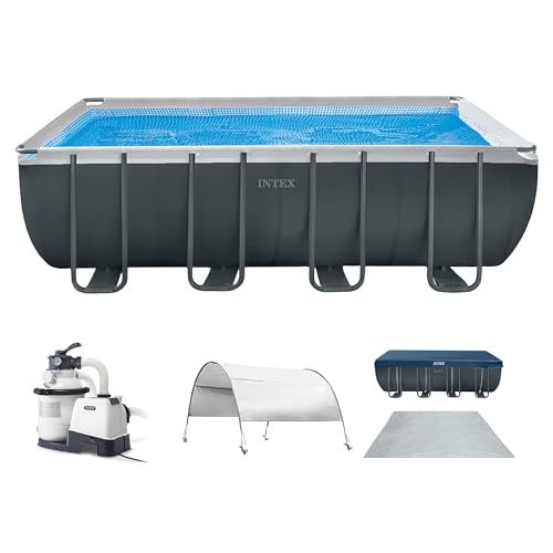 Intex 18 Foot by 52 Inch Ultra XTR Framed Above Ground Swimming Pool Set with Sand Filter Pump, Pool Cover and Ladder, Canopy, and Ground Cloth, Gray