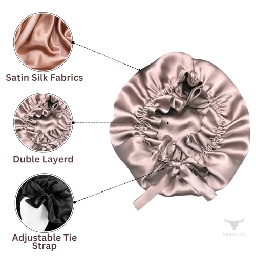 Image of Satin Hair Bonnet for Sleeping and Multi-Use with 3 Scrunchies and 1 Scalp Massager Brush | Anti-Hair-Breakage (Rose Taupe)