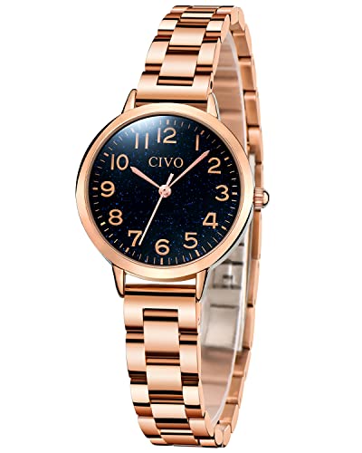 CIVO Relojes Mujer Minimalista Oro Rosa Acero Inoxidable Relojes de Pulsera Mujer Impermeable Cuarzo Analógico Reloj para Mujer Vestir Regalo Negocios Esfera Cielo Estrellado Cover